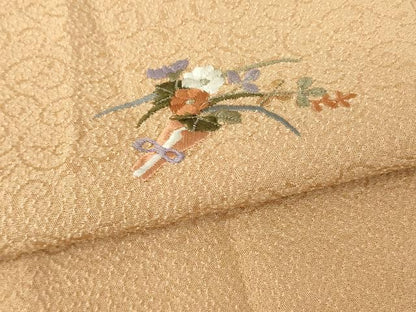 平和屋着物●上質な色無地　総刺繍　花束文　帰ら草地紋　ワンポイント　枇杷茶色　正絹　逸品　AABM0048ck