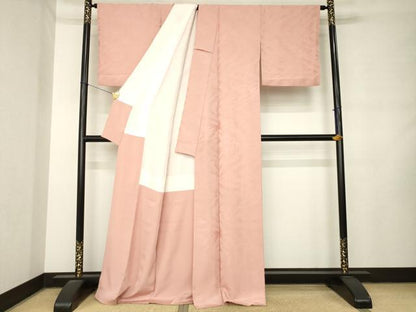 平和屋着物●上質な色無地　霞地紋　珊瑚色　正絹　逸品　AABM0053ck