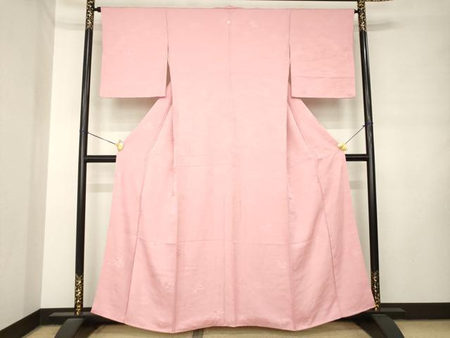 平和屋着物●上質な色無地　扇面吉祥花地紋　珊瑚色　正絹　逸品　AABM0056ck