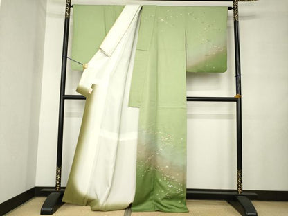 平和屋着物●訪問着　総刺繍　草花文　暈し染め　正絹　逸品　AABM0061ck