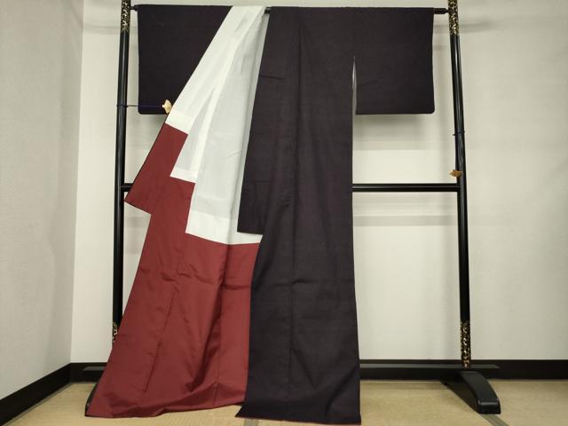 平和屋着物●結城紬　色無地　黒紅色　ロング丈　正絹　逸品　AABM0064ck