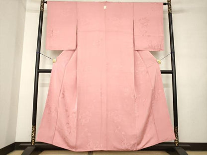 平和屋着物●上質な色無地　枝花地紋　薄紅色　正絹　逸品　AABM0093ck