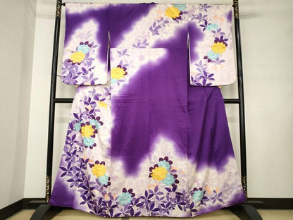 平和屋着物●訪問着　駒刺繍　草花文　暈し染め　金彩　正絹　逸品　AABM0114ck