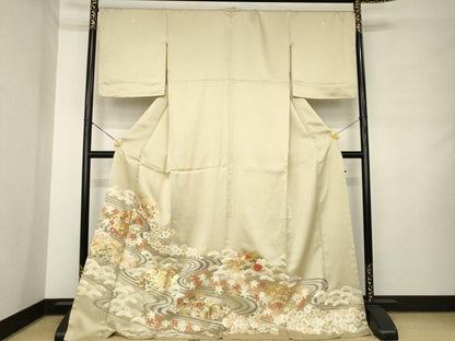 平和屋着物●豪華色留袖　駒刺繍　流水地紙花文　金彩　ロング丈　正絹　逸品　AABM0117ck