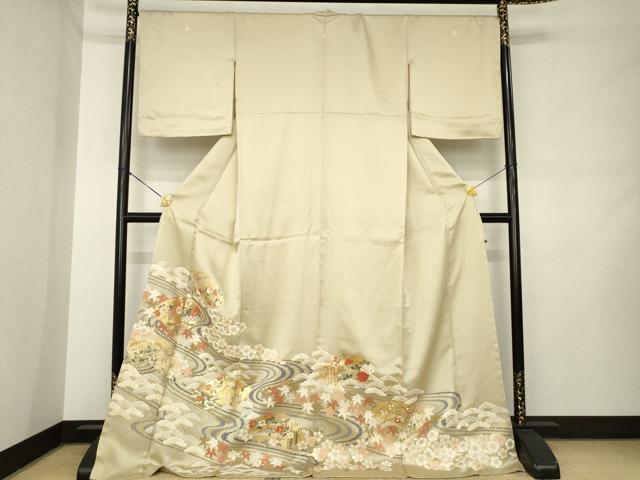 平和屋着物●豪華色留袖　駒刺繍　流水地紙花文　金彩　ロング丈　正絹　逸品　AABM0117ck