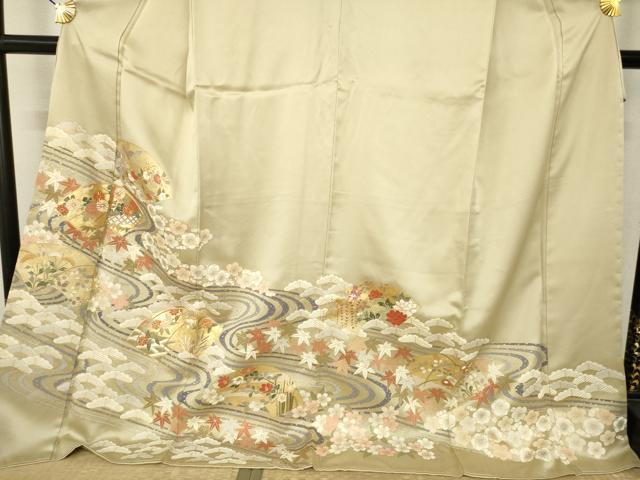 平和屋着物●豪華色留袖　駒刺繍　流水地紙花文　金彩　ロング丈　正絹　逸品　AABM0117ck