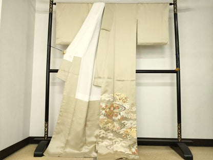平和屋着物●豪華色留袖　駒刺繍　流水地紙花文　金彩　ロング丈　正絹　逸品　AABM0117ck