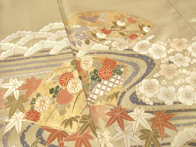 平和屋着物●豪華色留袖　駒刺繍　流水地紙花文　金彩　ロング丈　正絹　逸品　AABM0117ck