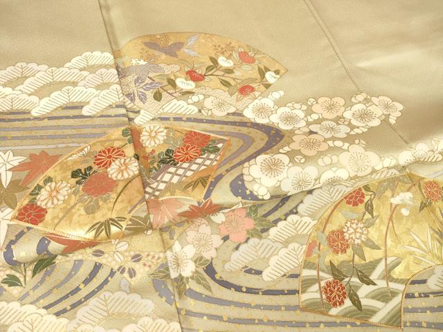 平和屋着物●豪華色留袖　駒刺繍　流水地紙花文　金彩　ロング丈　正絹　逸品　AABM0117ck
