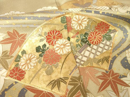 平和屋着物●豪華色留袖　駒刺繍　流水地紙花文　金彩　ロング丈　正絹　逸品　AABM0117ck