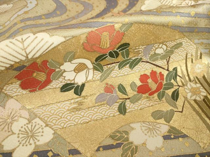 平和屋着物●豪華色留袖　駒刺繍　流水地紙花文　金彩　ロング丈　正絹　逸品　AABM0117ck