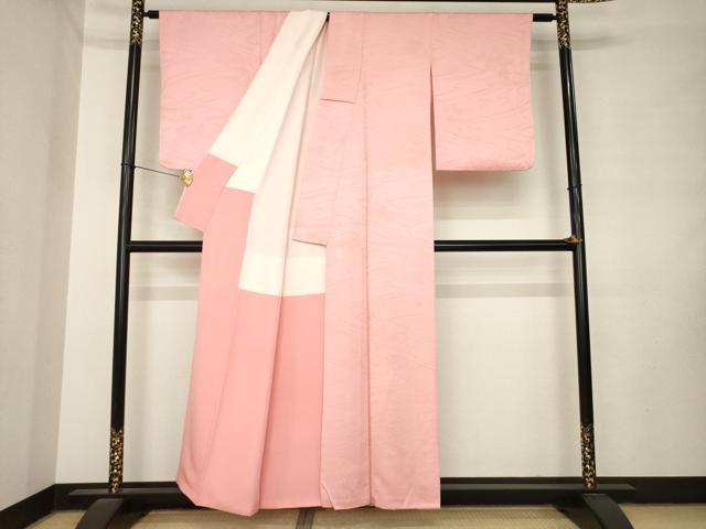 平和屋着物●上質な色無地　流水地紋　珊瑚色　正絹　逸品　AABM0119ck