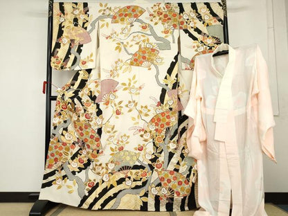 平和屋着物●創業460年・千總　訪問着・長襦袢(無双仕立て)セット 駒刺繍 扇面枝花文 金糸 金彩 金通し地 伊勢丹扱い 正絹 逸品 AABM0133cs