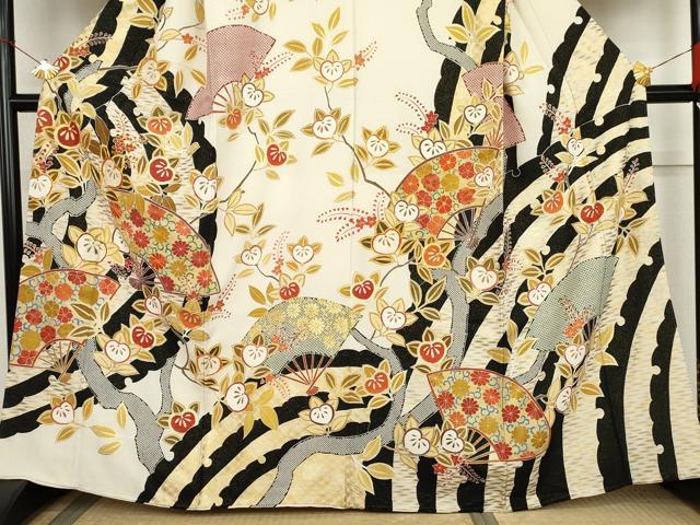 平和屋着物●創業460年・千總　訪問着・長襦袢(無双仕立て)セット 駒刺繍 扇面枝花文 金糸 金彩 金通し地 伊勢丹扱い 正絹 逸品 AABM0133cs