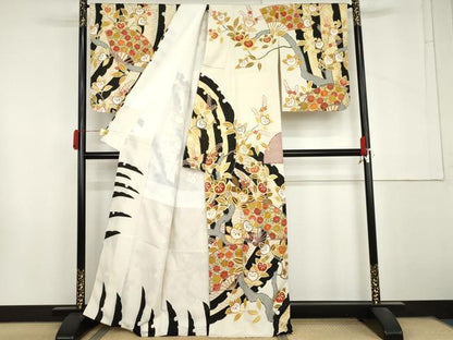 平和屋着物●創業460年・千總　訪問着・長襦袢(無双仕立て)セット 駒刺繍 扇面枝花文 金糸 金彩 金通し地 伊勢丹扱い 正絹 逸品 AABM0133cs