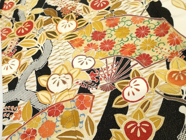平和屋着物●創業460年・千總　訪問着・長襦袢(無双仕立て)セット 駒刺繍 扇面枝花文 金糸 金彩 金通し地 伊勢丹扱い 正絹 逸品 AABM0133cs