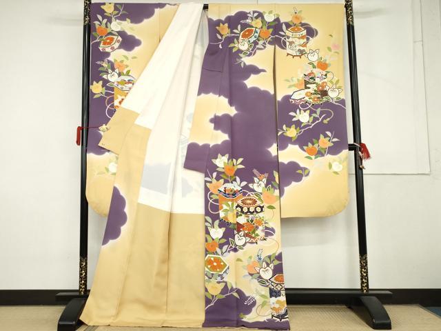 平和屋着物●創業460年・千總　振袖　駒刺繍　貝桶花文　金彩　三越扱い　ロング丈　正絹　逸品　AABM0135cs