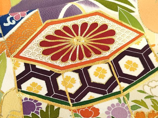 平和屋着物●創業460年・千總　振袖　駒刺繍　貝桶花文　金彩　三越扱い　ロング丈　正絹　逸品　AABM0135cs