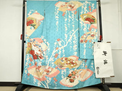 平和屋着物●創業460年・千總　振袖　地紙花鳥文　金彩　銀糸　高島屋扱い　たとう紙付き　正絹　逸品　AABM0141cs