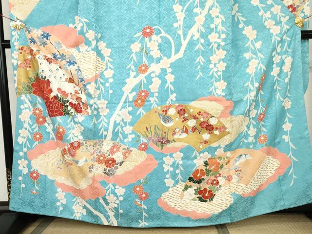 平和屋着物●創業460年・千總　振袖　地紙花鳥文　金彩　銀糸　高島屋扱い　たとう紙付き　正絹　逸品　AABM0141cs