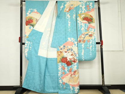 平和屋着物●創業460年・千總　振袖　地紙花鳥文　金彩　銀糸　高島屋扱い　たとう紙付き　正絹　逸品　AABM0141cs