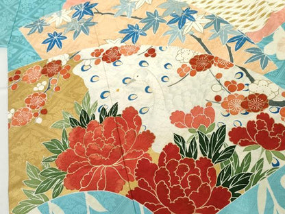 平和屋着物●創業460年・千總　振袖　地紙花鳥文　金彩　銀糸　高島屋扱い　たとう紙付き　正絹　逸品　AABM0141cs