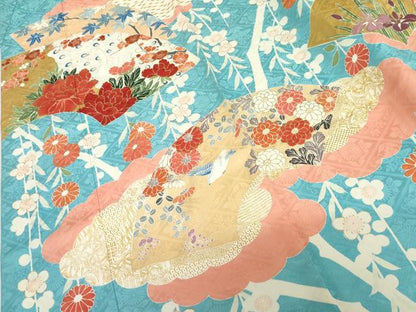 平和屋着物●創業460年・千總　振袖　地紙花鳥文　金彩　銀糸　高島屋扱い　たとう紙付き　正絹　逸品　AABM0141cs