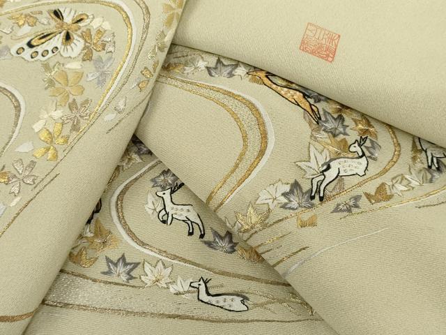 平和屋着物●山口美術織物 皇室 伊勢神宮御用 西陣織 色留袖 総刺繍 流水花蝶文 鹿 金銀糸 正絹 逸品 AABM0142cs