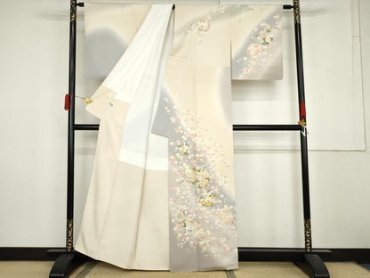 平和屋着物●訪問着 駒刺繍 雪芝花文 暈し染め 金彩 正絹 逸品 AABM0143cs