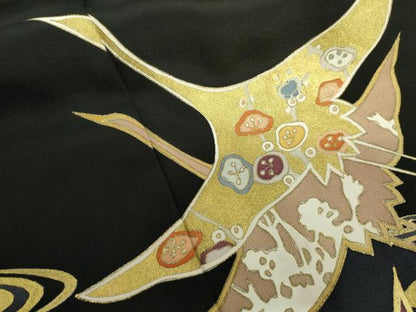平和屋着物●創業460年・千總 黒留袖 駒刺繍 流水飛鶴文 金彩 正絹 逸品 AABM0147cs