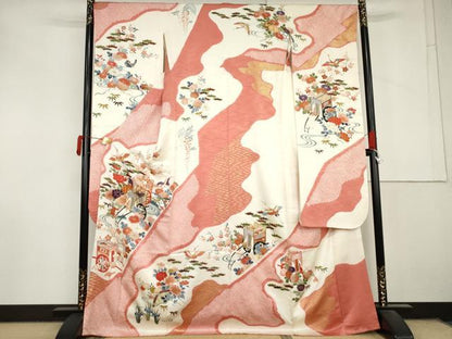 平和屋着物●創業460年・千總 振袖 絞り 駒刺繍 御所車飛鶴花文 金彩 正絹 逸品 AABM0150cs