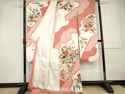 平和屋着物●創業460年・千總 振袖 絞り 駒刺繍 御所車飛鶴花文 金彩 正絹 逸品 AABM0150cs