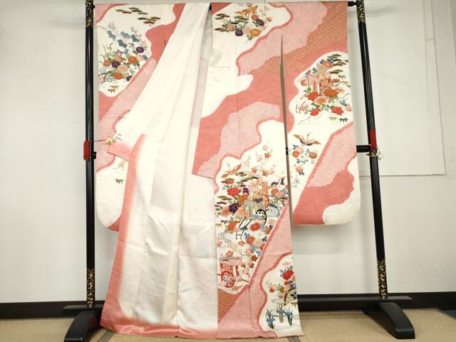 平和屋着物●創業460年・千總 振袖 絞り 駒刺繍 御所車飛鶴花文 金彩 正絹 逸品 AABM0150cs