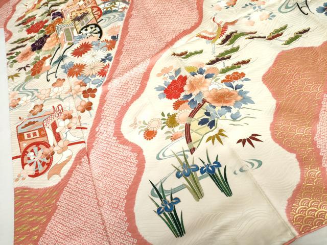 平和屋着物●創業460年・千總 振袖 絞り 駒刺繍 御所車飛鶴花文 金彩 正絹 逸品 AABM0150cs