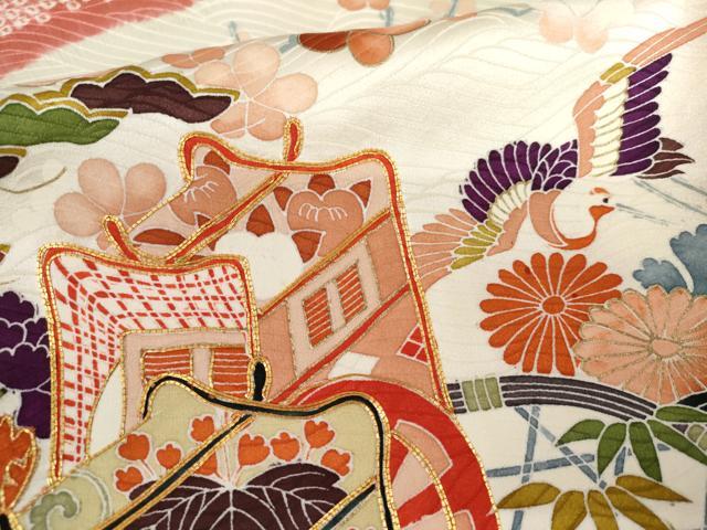 平和屋着物●創業460年・千總 振袖 絞り 駒刺繍 御所車飛鶴花文 金彩 正絹 逸品 AABM0150cs