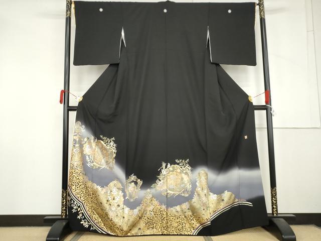 平和屋着物●ブライダルファッションデザイナー・桂由美 黒留袖 更紗花鳥文 暈し染め 金銀彩 ラインストーン やまと誂製 逸品 AABM0154cs