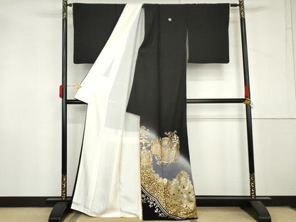 平和屋着物●ブライダルファッションデザイナー・桂由美 黒留袖 更紗花鳥文 暈し染め 金銀彩 ラインストーン やまと誂製 逸品 AABM0154cs