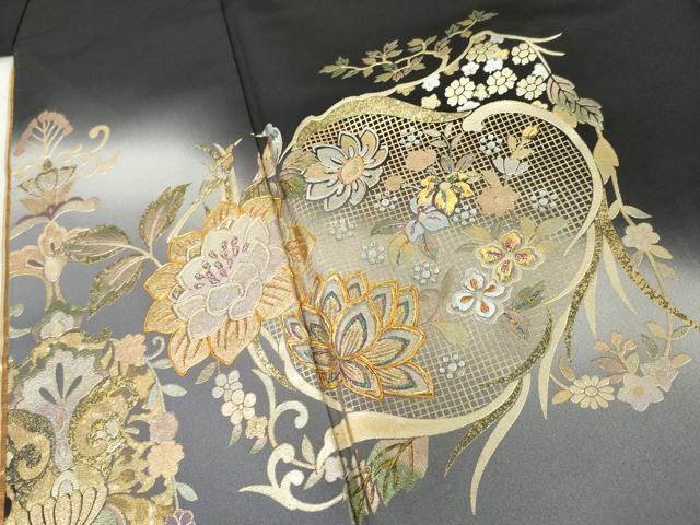 平和屋着物●ブライダルファッションデザイナー・桂由美 黒留袖 更紗花鳥文 暈し染め 金銀彩 ラインストーン やまと誂製 逸品 AABM0154cs