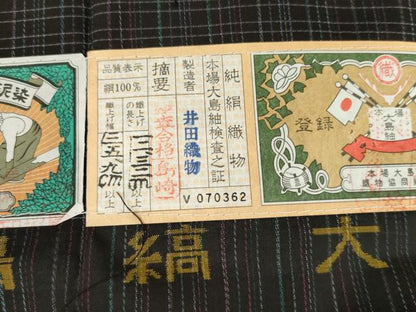 平和屋着物●本場大島紬　縞大島　格子　黒地　井田織物謹製　証紙付き　正絹　逸品　AABM0156cs