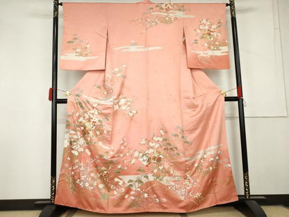 平和屋着物●訪問着　駒刺繍　色紙重ね飛鶴花文　暈し染め　金彩　正絹　逸品　AABM0161cs