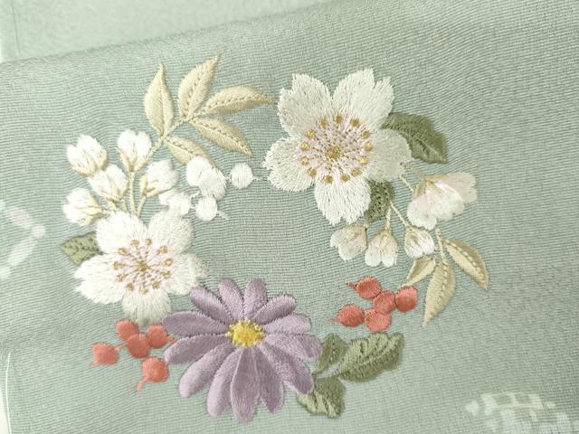 平和屋着物●訪問着　刺繍　花丸文　金糸　洗える着物　AABM0199cs