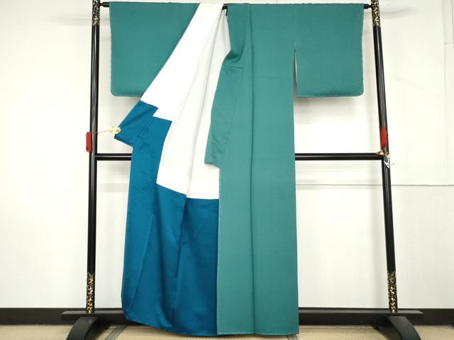 平和屋着物●染色作家　斉藤三才　色無地　檜垣地紋　青緑色　正絹　逸品　未使用　AABM0201cs