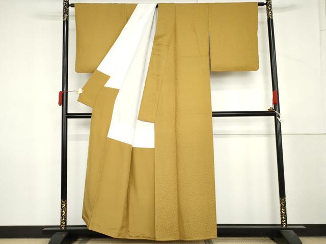 平和屋着物●上質な色無地　辻が花地紋　山吹茶色　正絹　逸品　AABM0227cs