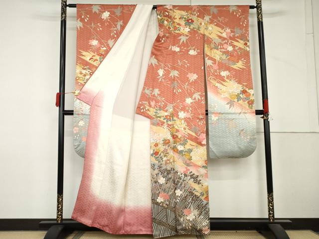 平和屋着物●十日町老舗ブランド　吉澤友禅　吾妻徳穂　振袖　花松文　暈し染め　金彩　正絹　逸品　AABM0258cs