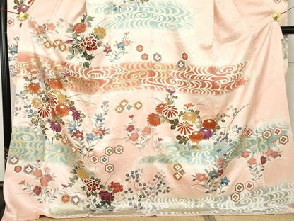 平和屋着物●豪華振袖　流水枝花文　暈し染め　金彩　ロング丈　正絹　逸品　AABM0273cs