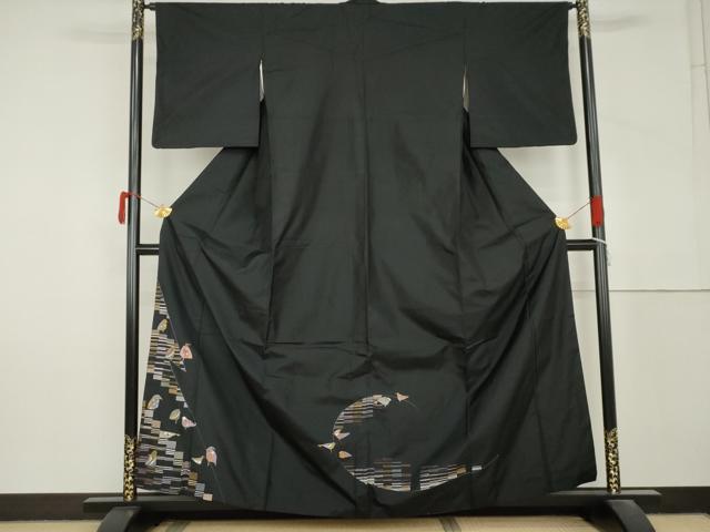 平和屋着物●本場大島紬　訪問着　総刺繍　鳥　黒地　金糸　正絹　逸品　AABM0277cs
