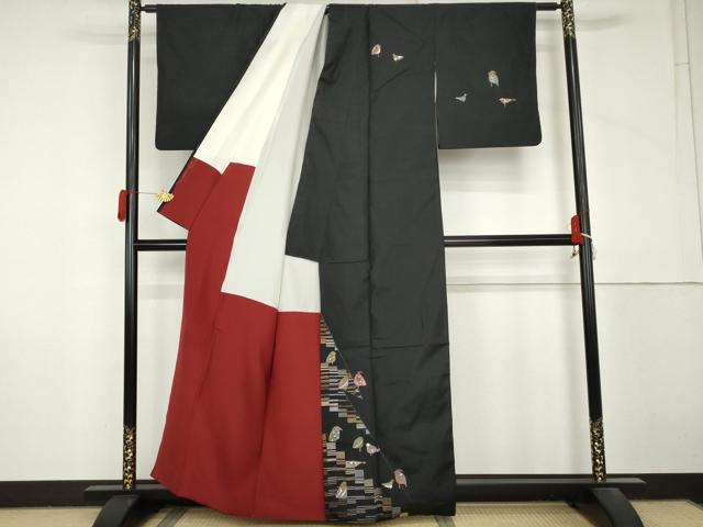 平和屋着物●本場大島紬　訪問着　総刺繍　鳥　黒地　金糸　正絹　逸品　AABM0277cs