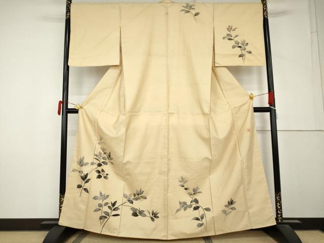 平和屋着物●白山紬　訪問着　手描き　枝葉文　正絹　逸品　AABM0278cs