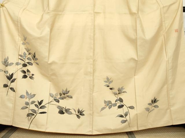 平和屋着物●白山紬　訪問着　手描き　枝葉文　正絹　逸品　AABM0278cs