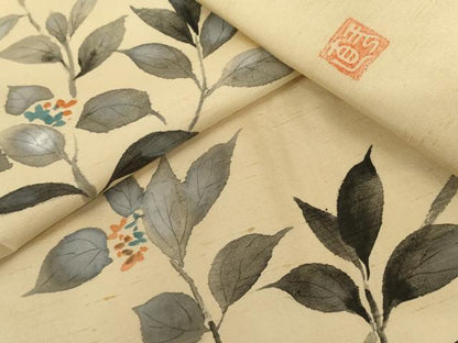 平和屋着物●白山紬　訪問着　手描き　枝葉文　正絹　逸品　AABM0278cs